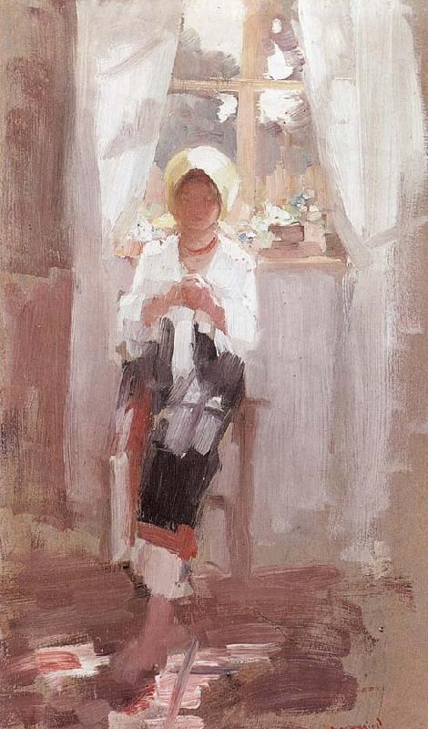 Nicolae Grigorescu Peasant Sewing by the Window oil painting image